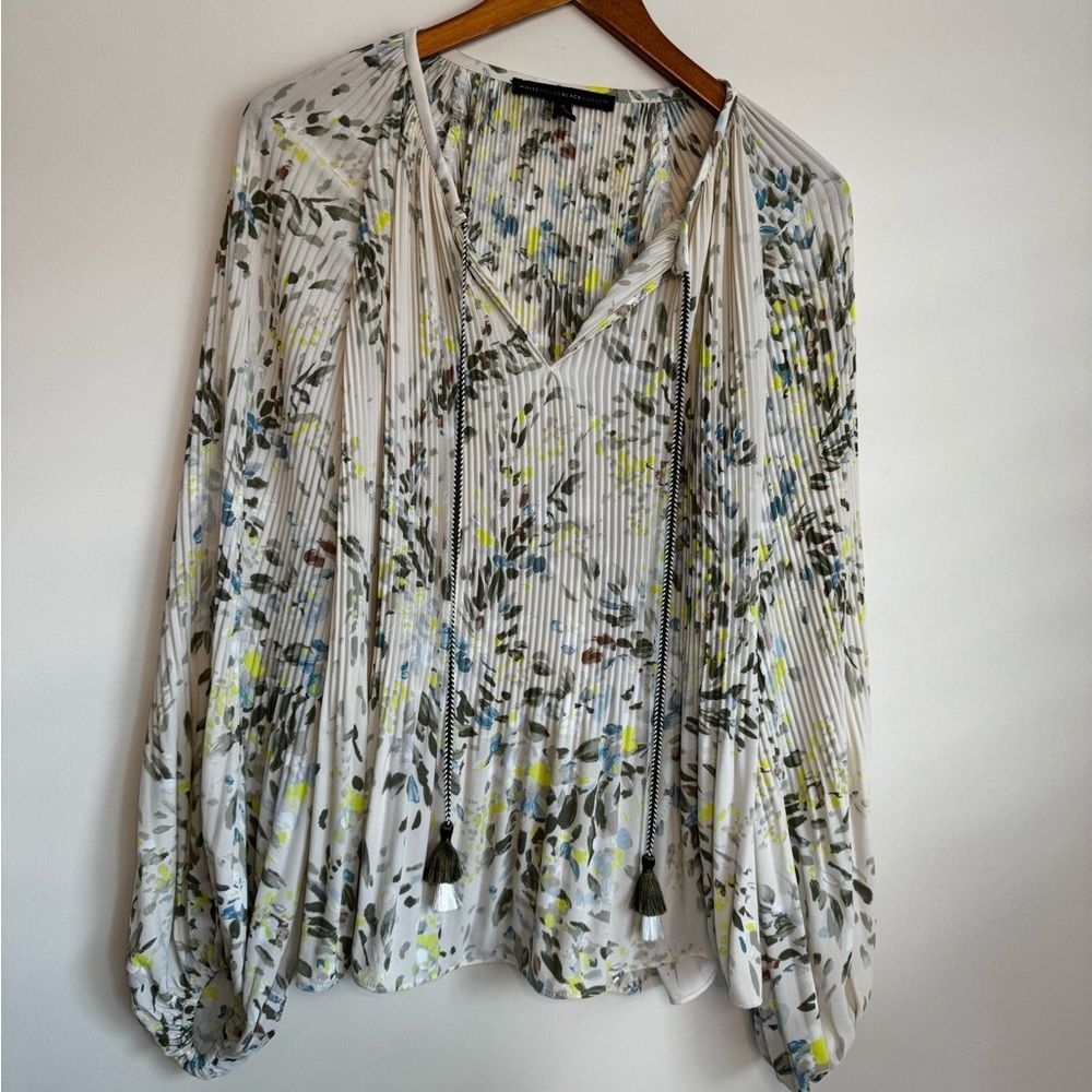 White House Black Market Multi Floral Pleated Blouse with Tassels Size Small